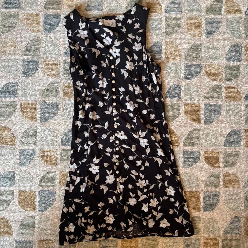 Vintage 90s Black Floral Quiet Luxury Sleeveless Dress Tie Back CBK